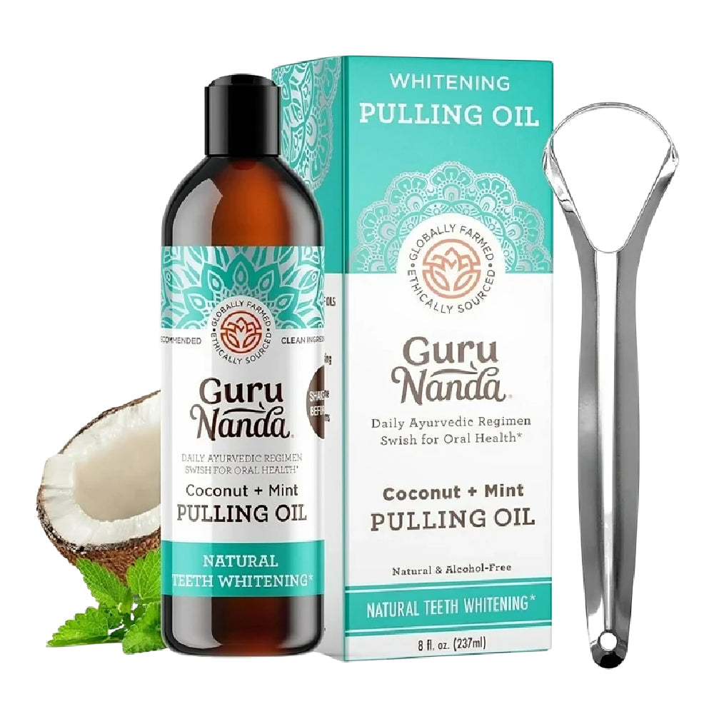 “GuruNanda Coconut Oil Pulling + limpiador de lengua GRATIS ✨ Sonríe con confianza”