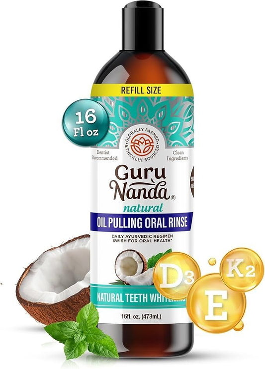 “GuruNanda Coconut Oil Pulling + limpiador de lengua GRATIS ✨ Sonríe con confianza”